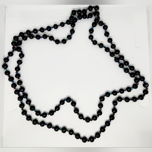 VTG Art Deco Flapper Style Black Aurora Borealis Faceted Beaded Necklace 54" - Picture 3 of 5